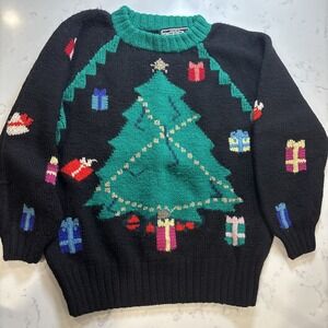 VTG Berek Christmas Sweater 100%Wool Handknit Uruguay Tree Present Thick Cozy SM